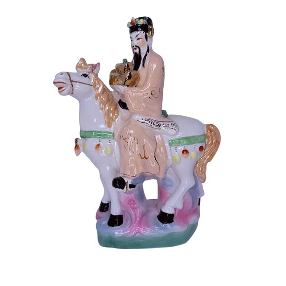 Caishen 1960s Chinese God of Wealth Porcelain Figurine on Horseback Statue - Picture 3 of 8
